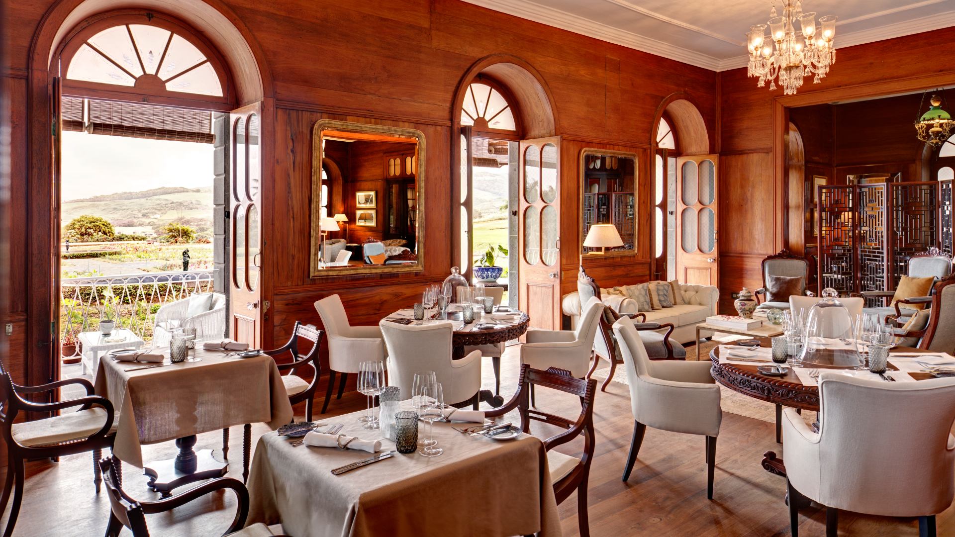 Interior View of the Majestic Living Room of Le Chateau de Bel Ombre