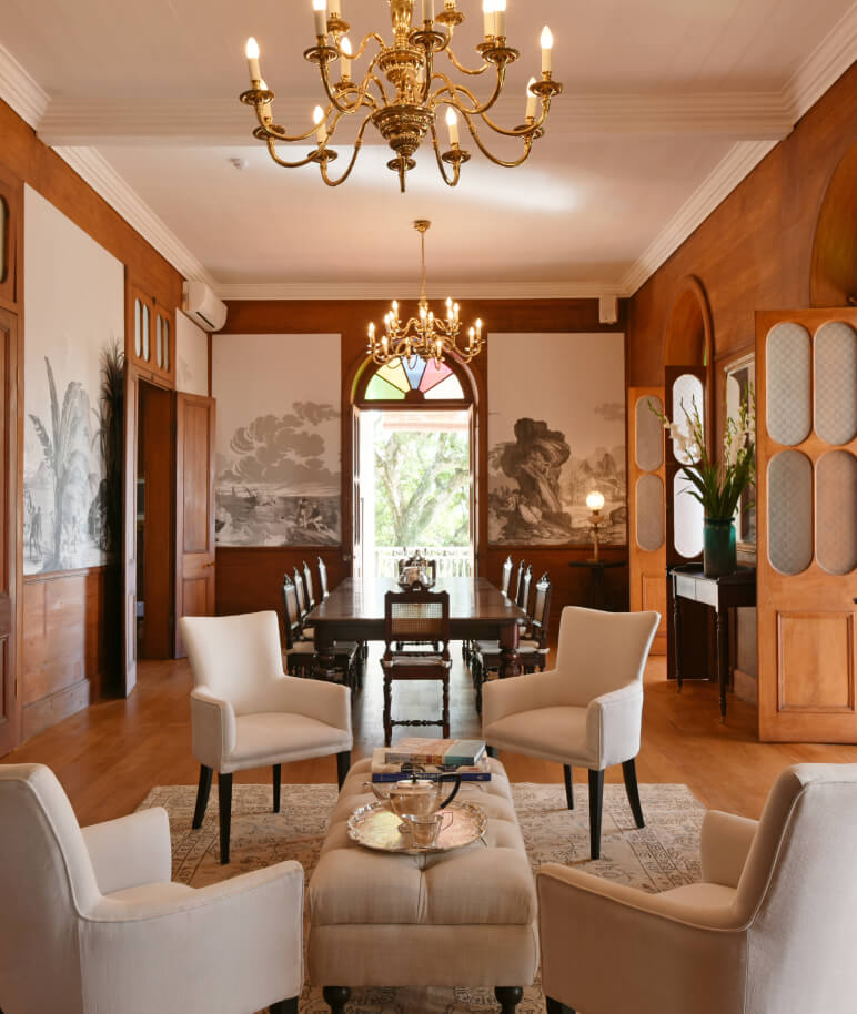 Interior view of the lounge at the Château de Bel Ombre