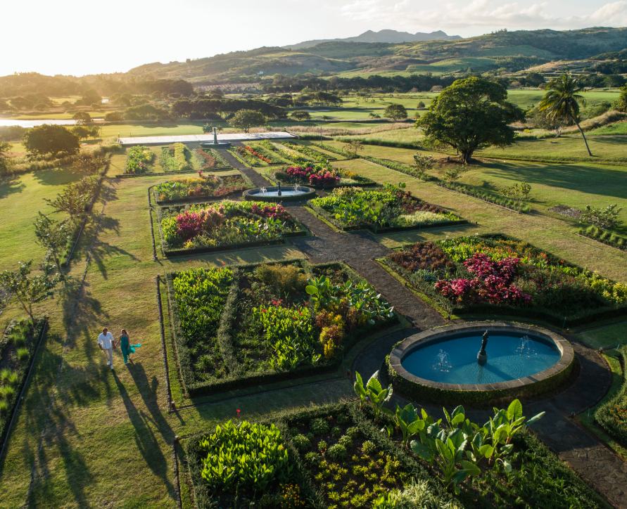 Aerial view of the French-style garden surrounding Le Château de Bel Ombre in Mauritius