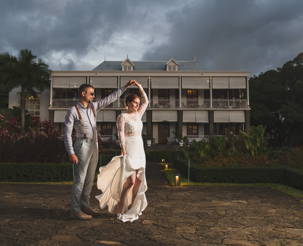 Couple celebrating their wedding at Château de Bel Ombre