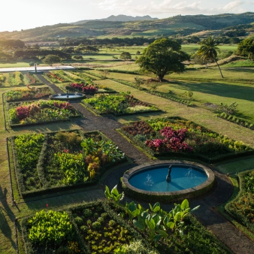 Panoramic view over the French-style garden at Le Château de Bel Ombre