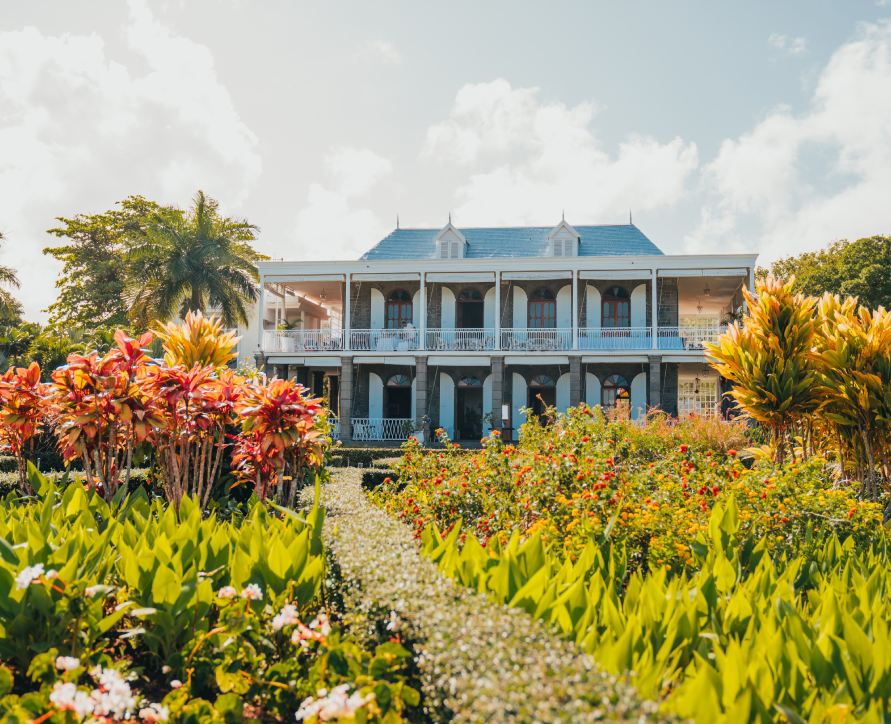 Tropical greenery and landscaped gardens surrounding Le Château de Bel Ombre
