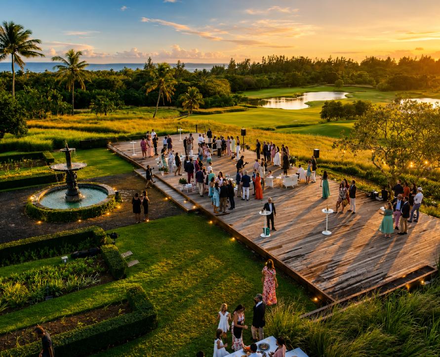 Guests enjoying handcrafted cocktails on the deck as the sun sets over the landscape